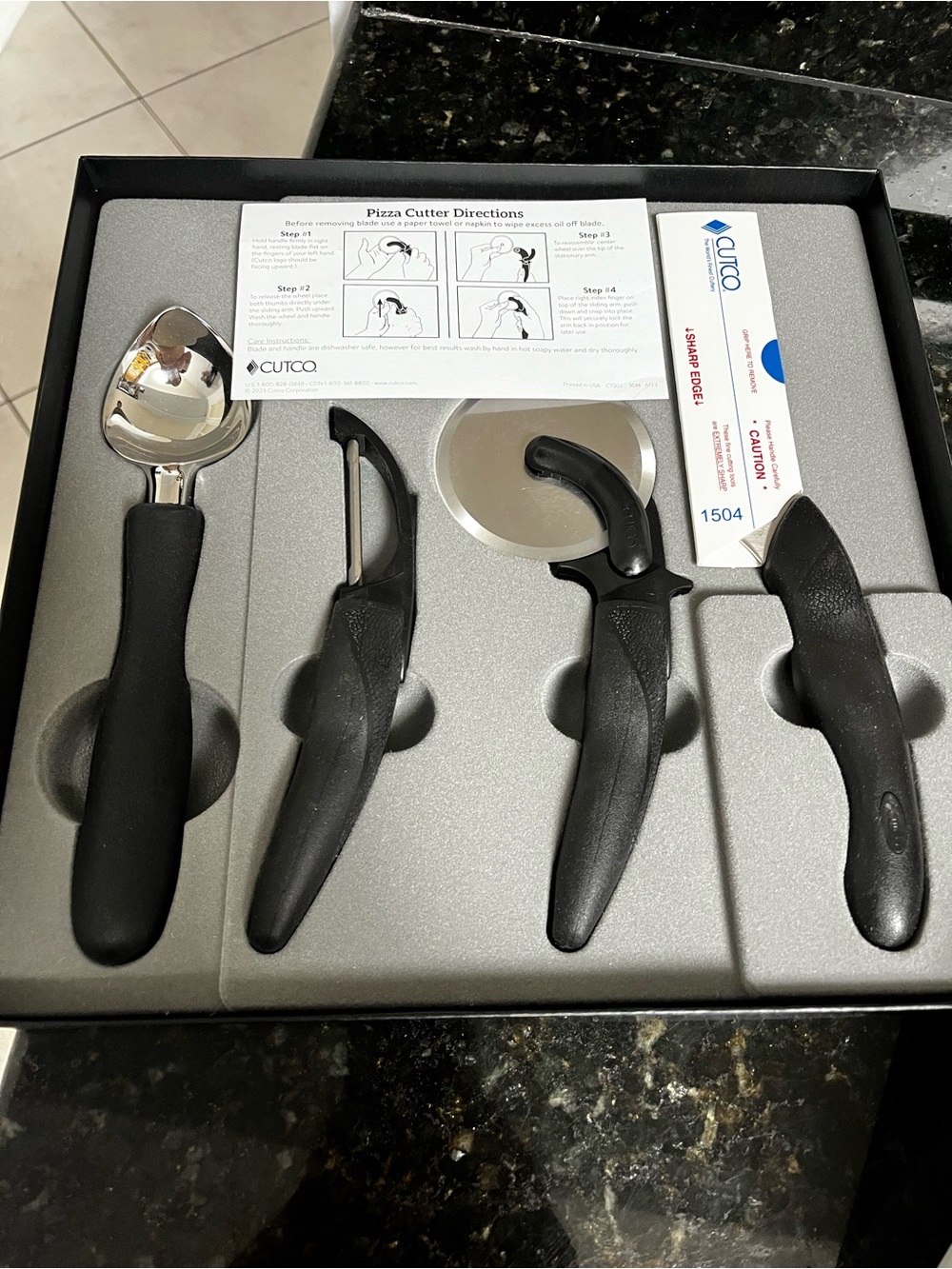 Cutco Black Handle Kitchen Tool Set - Spoon, Peeler, Pizza Cutter, Knife